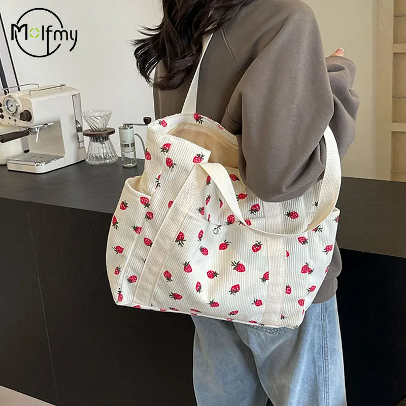 Aardbeien Corduroy Handtas Zoete Damestas Modieuze Veelzijdige Schoudertas Mooie Eenvoudige Commuter Dames Tote Bags