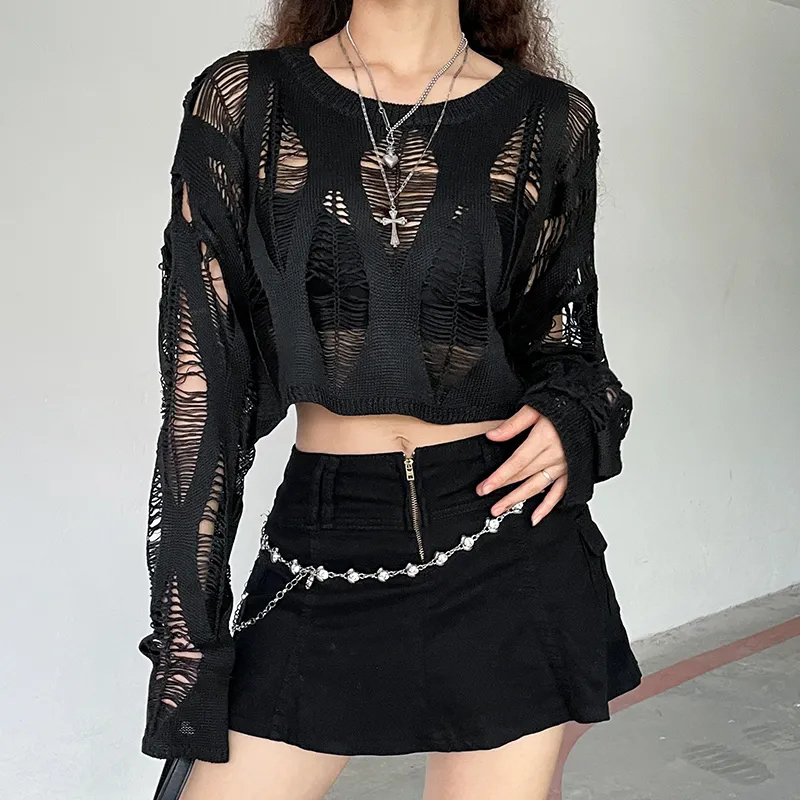Frauen Gestricktes Hemd Sommer Sexy Aushöhlen Neue Weibliche Lange Hülse Bluse Mode Alle Spiel Lose Solide Gothic Damen Crop Top