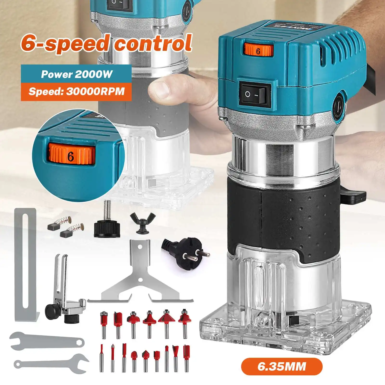 2000 W 6,3 MMElectric Trimmer Holz Fräsen Trimmen Gravur Schlitzen Maschine Holzbearbeitung Router Power Tool mit Fräser