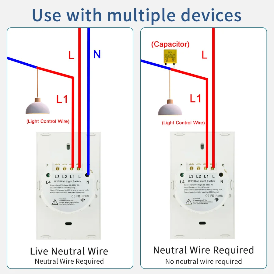 Interruptores inteligentes Tuya, cable neutro estadounidense/no requiere cable neutro, 1/2/3/4 entradas, Interruptor táctil WiFi, funciona con Alexa y Google Home
