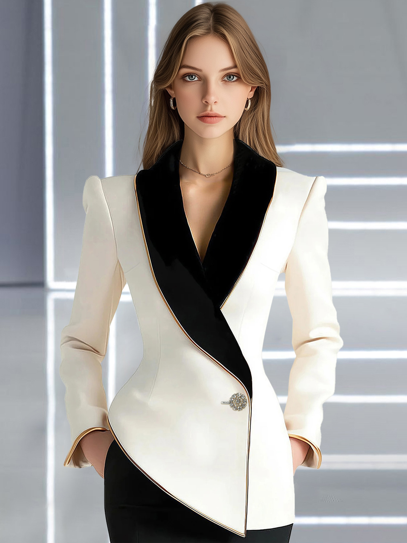 Damen-Blazer-Jacke, eleganter asymmetrischer weißer Blazer mit schwarzem Kontrastrevers, langen Ärmeln, schmale Blazer, Damen-Oberbekleidung