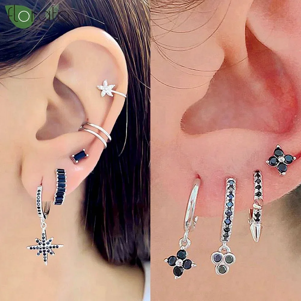 925 เงินสเตอร์ลิงเข็มแฟชั่นสีดําZirconจี้ต่างหูใหม่รอบ/Crossต่างหูห่วงขนาดเล็กสําหรับผู้หญิงเครื่องประดับเจาะ