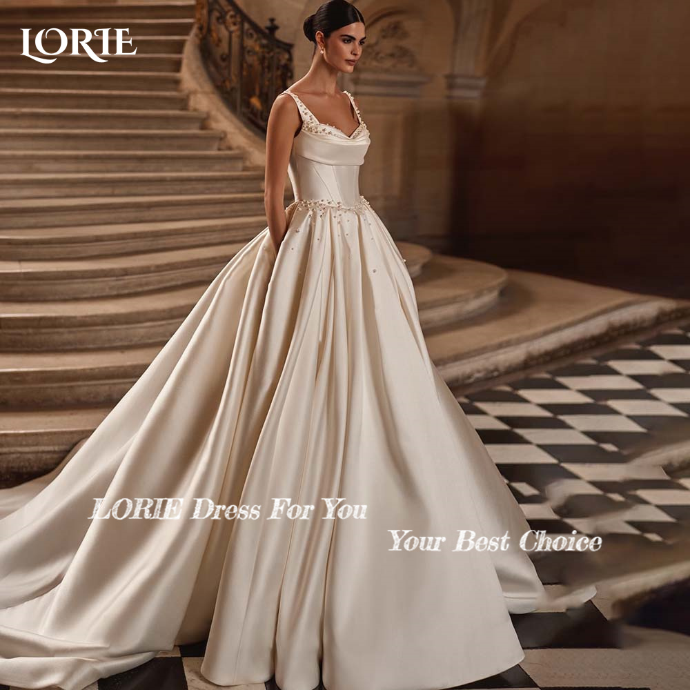 LORIE 진주 A 라인 웨딩 드레스, 스파게티 스트랩 신부 가운, 백리스 신부 드레스, 신부 원피스, 맞춤형