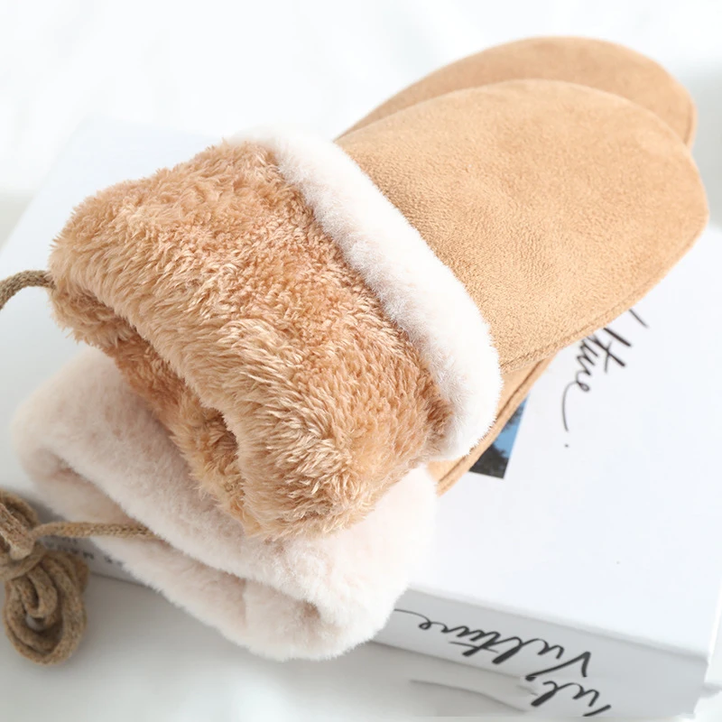 ผู้หญิงฤดูหนาวอุ่นหนาขนแกะ Suede Halter ถุงมือน่ารักน่ารัก Sweety เย็นป้องกัน Mittens