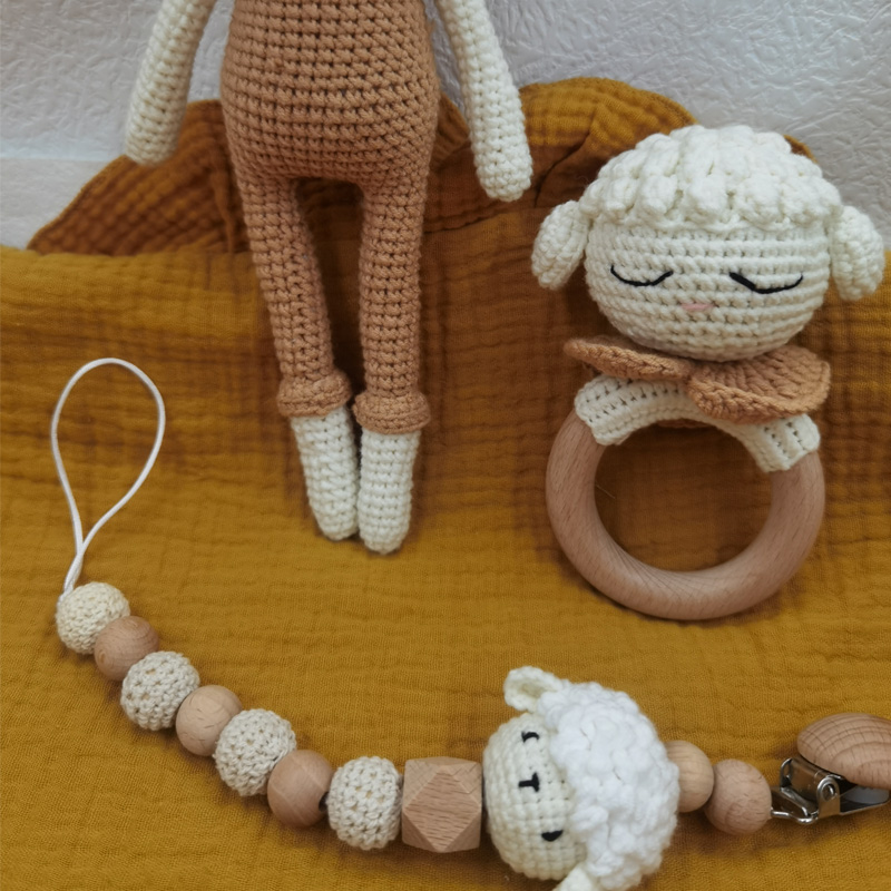 Baby Pacifier Clip Crochet Sheep Handbell Teething Rattle Dummy Chain Boy Girl Unisex Teether Infant Shower Gift