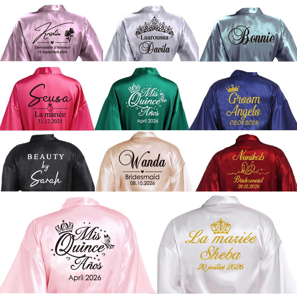 Personalisierter Name Datum Hochzeit Bademantel Kunstseide Braut Robe Braut Brautjungfer Hochzeit Roben Frau Bachelorette Junggesellinnenabschied
