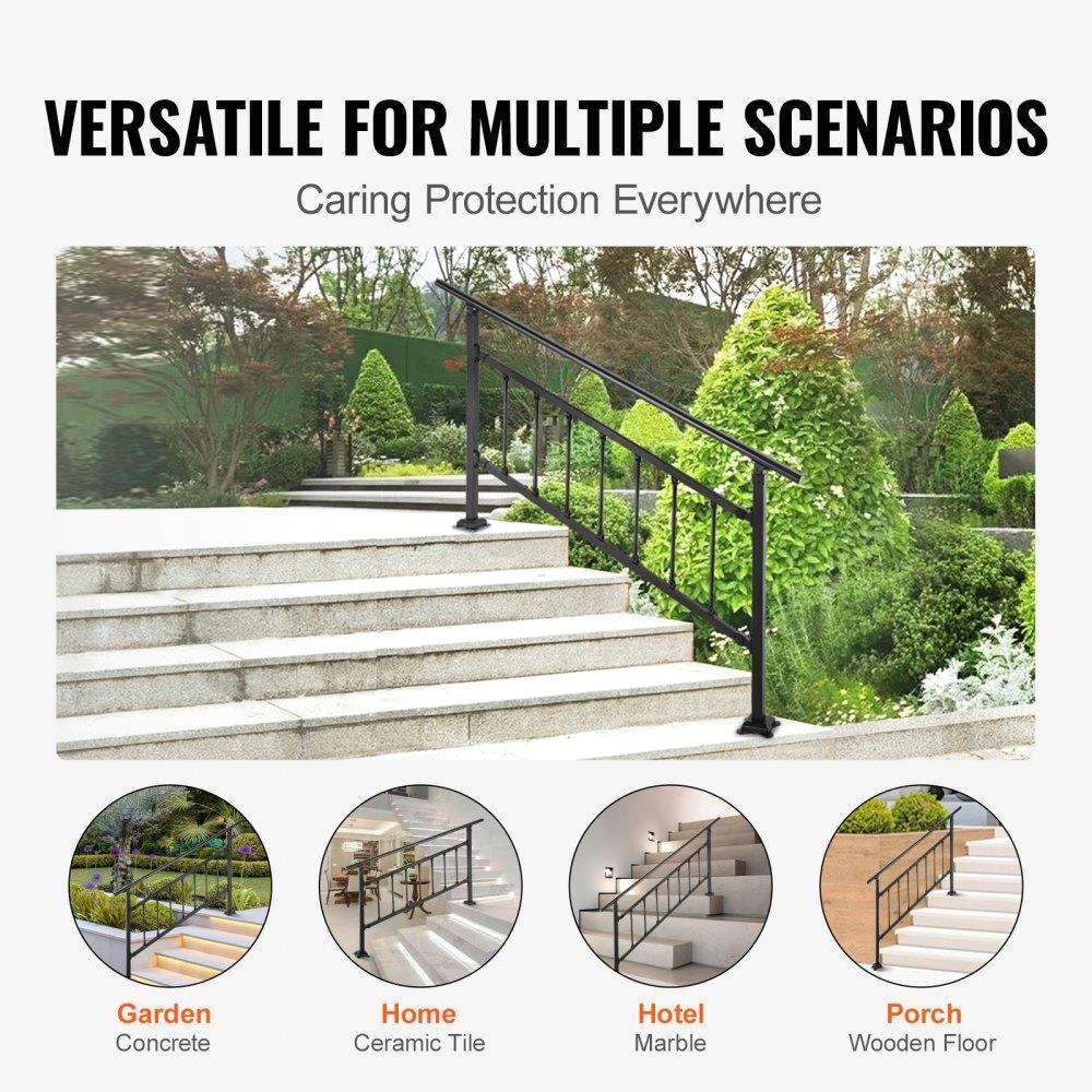 Adjustable Wrought Iron Outdoor Stair Railing for 1 -4 Steps, Matte Black Handrail with Installation Kit for concrete Steps