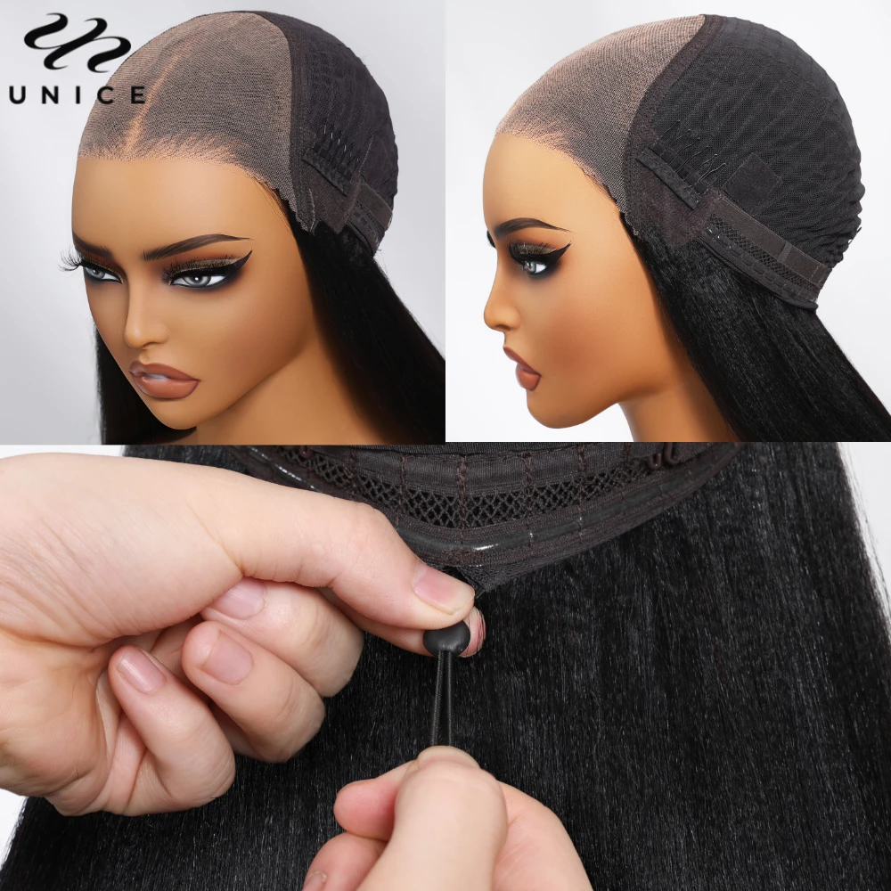 Unice cabelo cordão boné yaki em linha reta bob peruca pré corte pré branqueado 7x5 fechamento do laço perucas sem cola cabelo humano pronto para usar ir