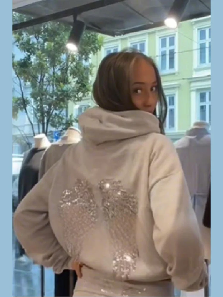Feminino brilhante lantejoulas asas de anjo com capuz jaqueta calça manga longa solta casual com capuz pulôver 2025 nova senhora y2k outono outwears