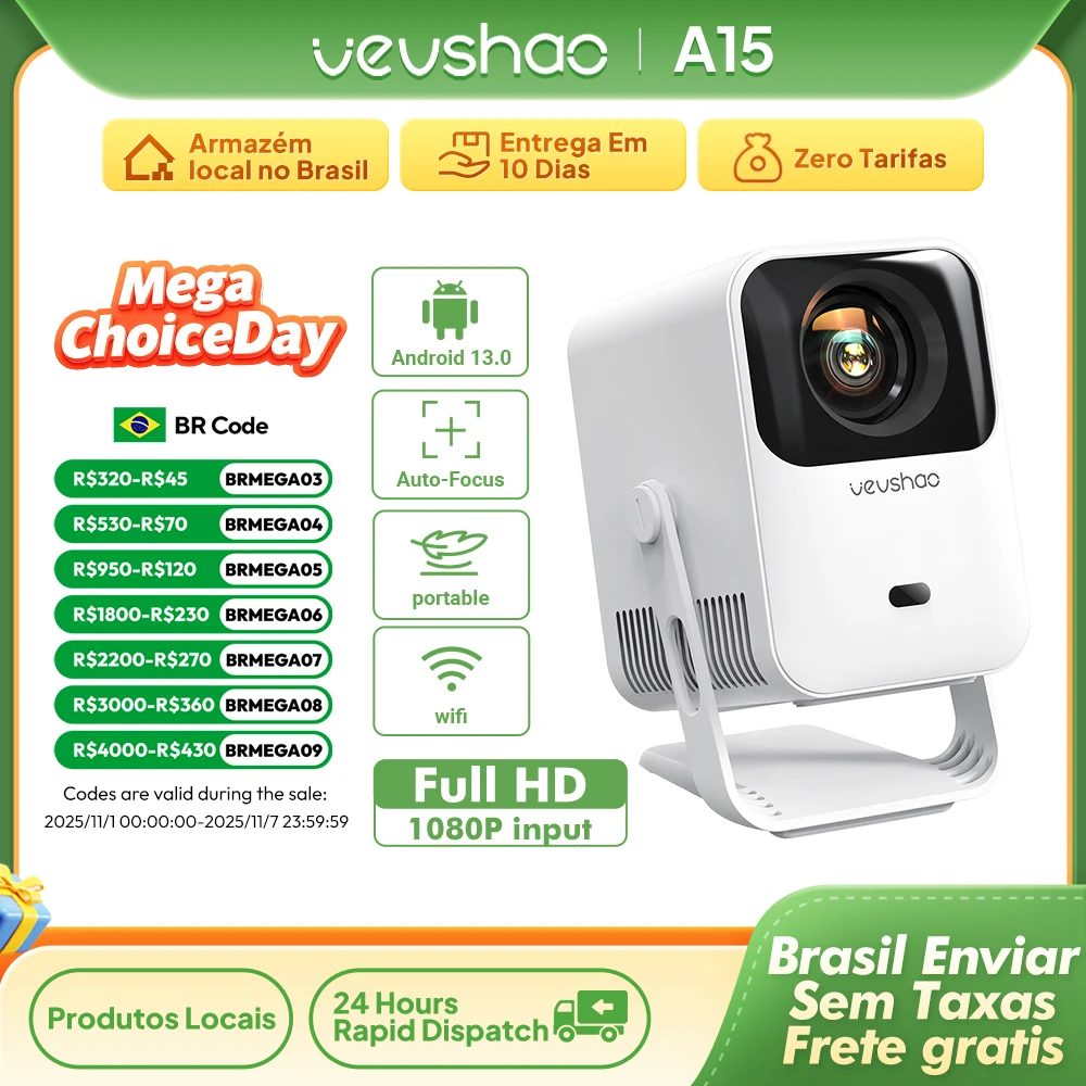Vevshao A15 Projetor Inteligente Portátil Android 13 Projetor Dual WiFi Auto Keystone Focus Pocket Beamer Home Reunião Video Cinema