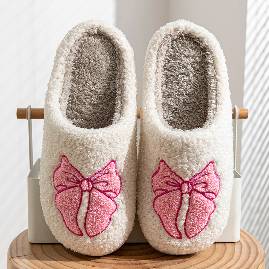 แฟชั่นน่ารักสวยโบว์ผู้หญิงรองเท้าแตะในร่มฤดูหนาว Soft Sole ประณีต WARM Graceful Causal หอพัก Comfy แบนรองเท้าผ้าฝ้าย
