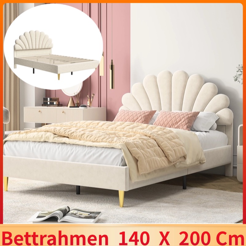 Cama de casal estofada 140 x 200 cm, estrutura de cama com cabeceira em forma de flor e estrutura de ripas - bege - Sem colchão