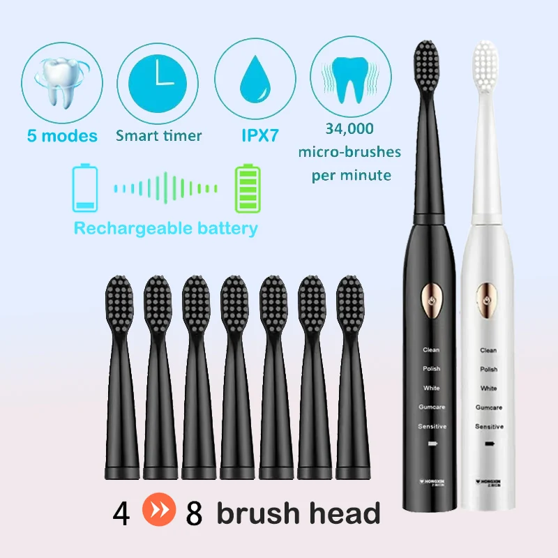 Cepillo de dientes eléctrico Modo de 5 velocidades Carga USB 4 colores IPX7 Impermeable Ultrasónico Recargable Cepillo de dientes de pelo suave Adulto Clásico