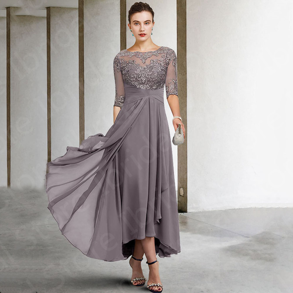 Klassieke Aangepaste Kant Moeder van de Bruid Jurken Hoog Laag O Hals Moeder Jurken 3/4 Mouwen Bruiloft Jurken Geappliceerd 2024