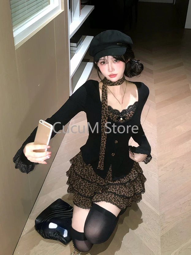 アメリカンレトロヒョウ 2 点セット甘いホットガールスリムトップス + Y2k グランジファッションミニスカートヴィンテージストリートスーツシック