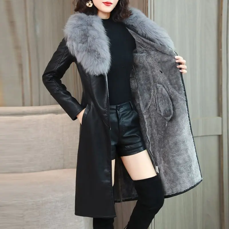 Damen-Jacke mit großem Pelzkragen, schmal, lang, PU-Leder, dicker warmer Mantel, große Größe, lässige Oberbekleidung, Wintermode, neu