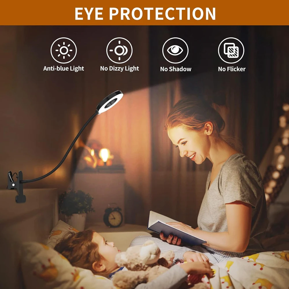 48 LED USB Luz de libro Clip Lámpara de escritorio Luz de lectura con 3 modos de color 10 Atenuador de brillo 360 °   Lámpara de noche de cama con cuello de cisne flexible