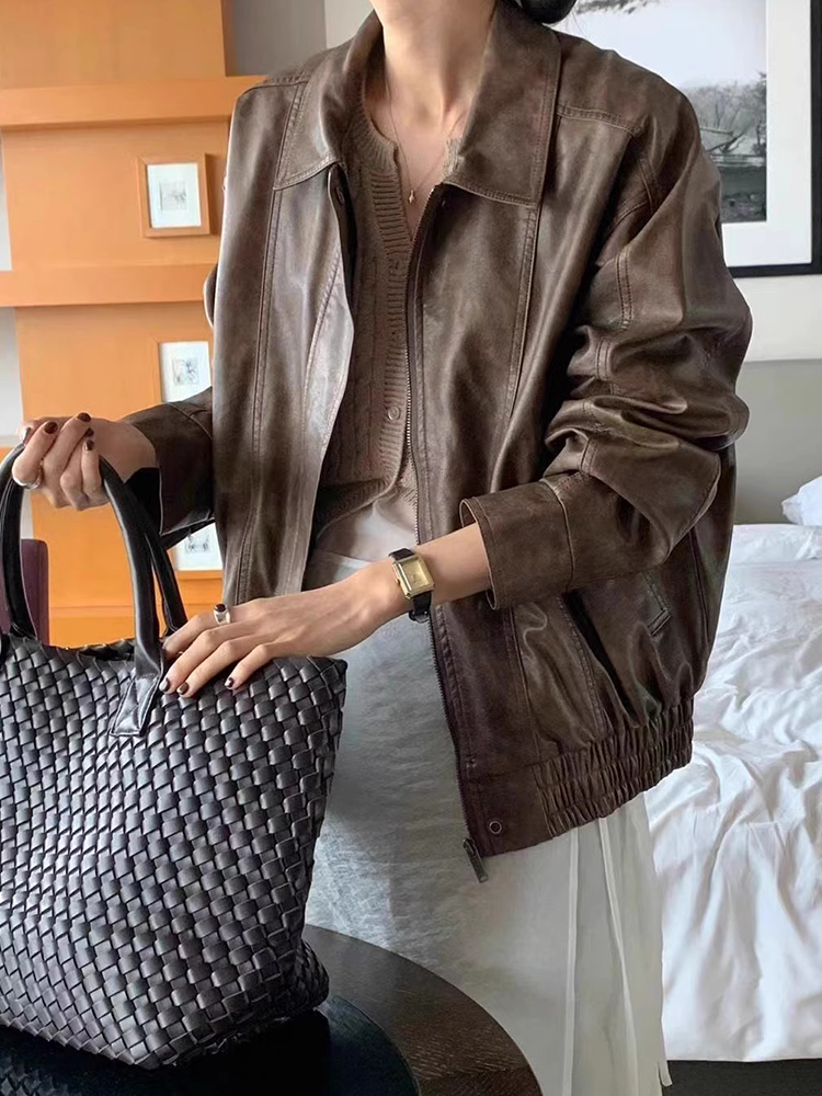 ChicAutumnVintage ショートジャケット レディース ルーズフィット 多用途 BF スタイル ディストレスト オートバイ レザー ジャケット 18-24 歳用