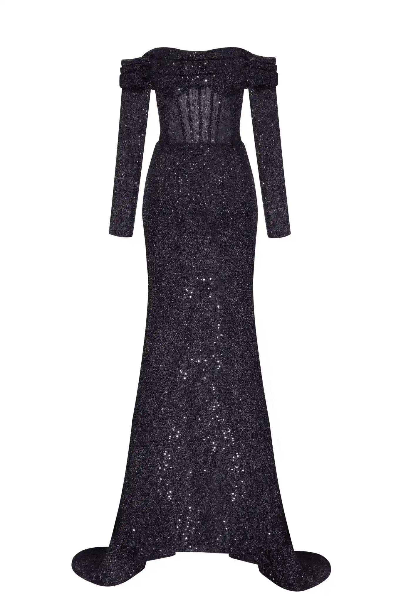 Bezauberndes Meerjungfrau-Abendkleid mit schwarzen Rüschen auf Lager, sexy, schulterfreie Abendkleider mit hohem Schlitz