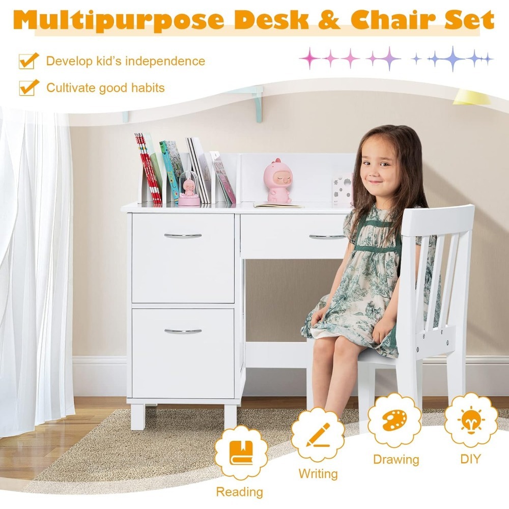 Kids Desk and Chair Set, Wooden Children School Study Table and Chair w/Drawer, Storage Shelf & Cabinets