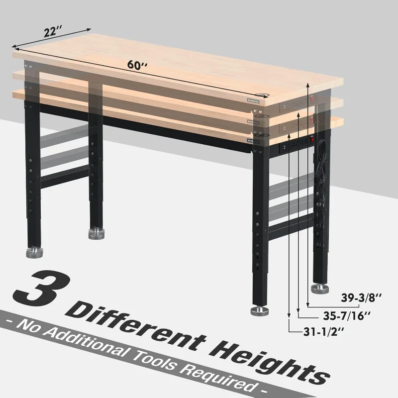 WORKPRO 60" Adjustable Workbench, Rubber Wood Top Heavy-Duty Workstation, 2000 LBS Load Capacity Hardwood Worktable