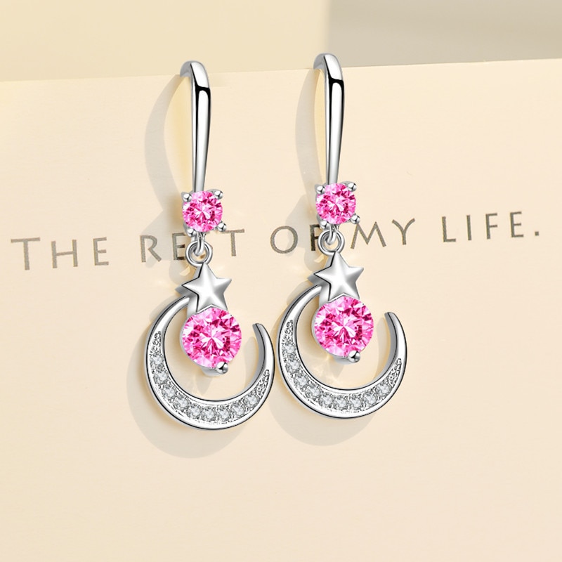 Boucles d'oreilles étoile lune pour femmes, en argent Sterling 925, saphir blanc, rose, bleu, blanc, artificiel