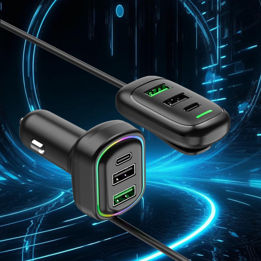 Cargador de coche de extensión delantera y trasera con luz RGB, adaptador de corriente de carga rápida PD, 6 puertos, 48W, USB tipo C, para teléfono y portátil