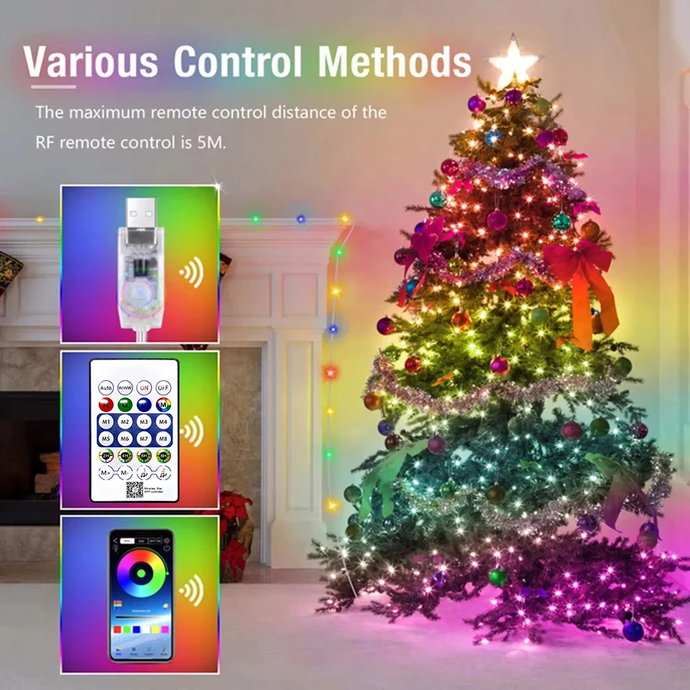 Guirnaldas de luces LED con Bluetooth Dreamcolor RGBIC, luces para árbol de Navidad, decoración de boda, lámpara USB de 15M/10M/5M/2M