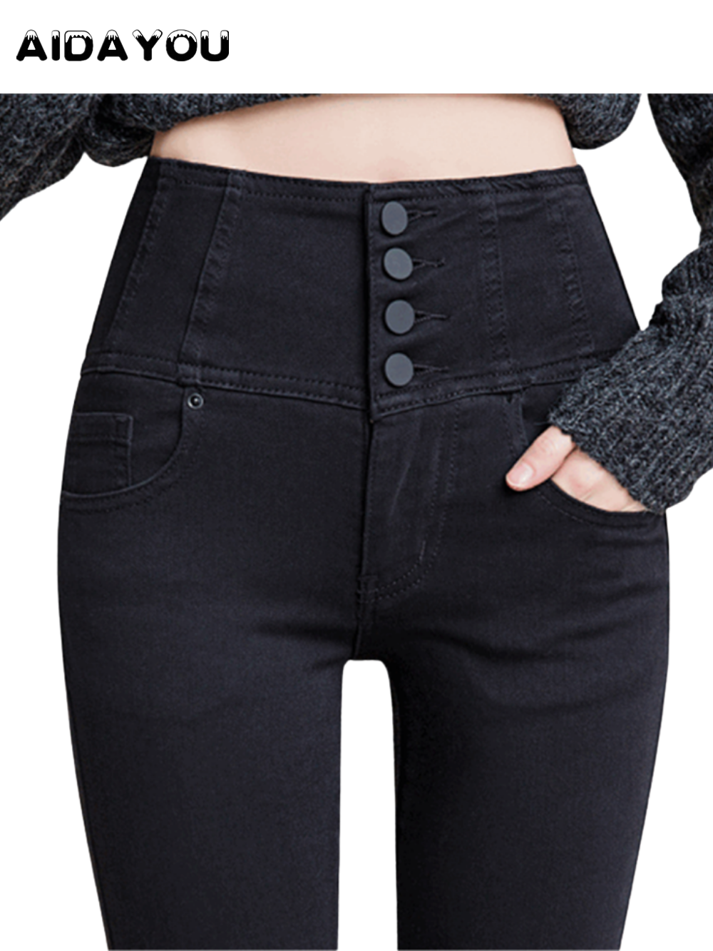 ボタンフライジーンズハイウエストフロント女性のためのおなかコントロールストレッチデニムブラックプチXS - 4XLドレスパンツポケット付きouc433