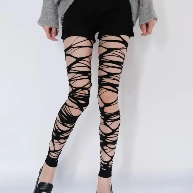 Seksowne czarne pończochy kabaretki z dziurami, damskie gotyckie punkowe rajstopy z siateczki, legginsy w stylu emo, streetwear dla egirl
