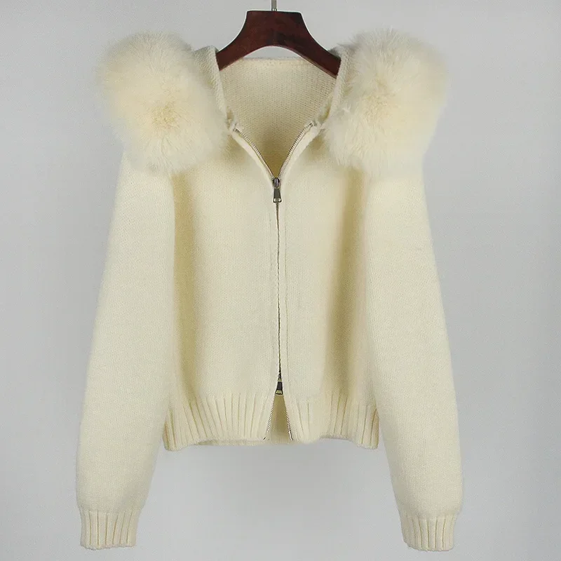 2024 moda americana outono inverno feminino casual com capuz gola de pele de raposa real moda jaqueta curta de malha com casaco de pele natural
