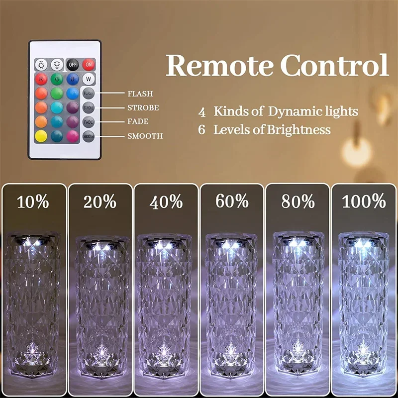 Lámpara de mesa de cristal LED de 3/16 colores, lámpara de noche romántica de rosa táctil recargable, lámpara de noche para dormitorio, decoración para sala de estar y Bar