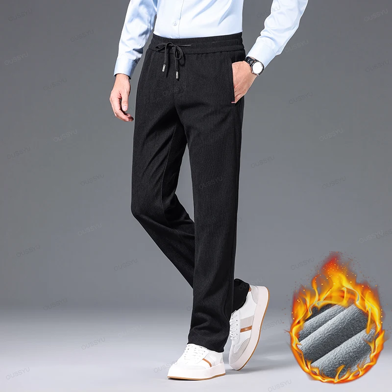 Pantalones de pana gruesos y cálidos de lana de invierno para hombre, pantalones informales rectos clásicos con cintura elástica para correr al aire libre, regalo para hombre