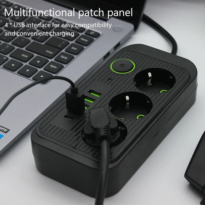 Regleta de enchufe europeo, Cable de extensión de 2M, tomas múltiples de 3AC, toma de corriente con 4 USB, 1 tipo C, filtro de red, carga rápida