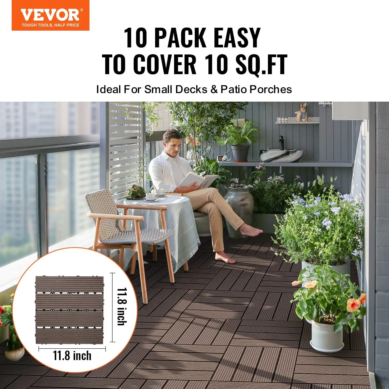 Interlocking Deck Tiles Plastic Wood 10 Pack 12"x12" Waterproof for Porch