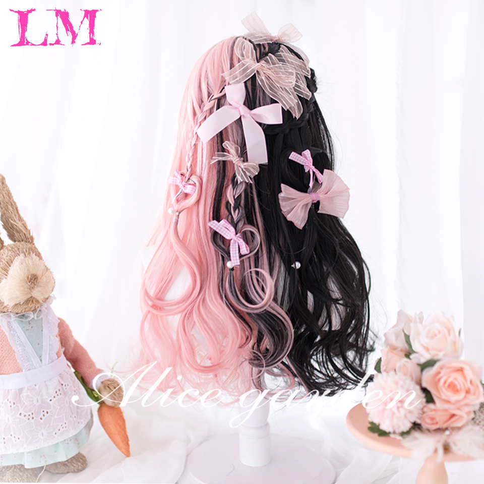 LM วิกผมปลอมยาวคลื่นสีดำและสีชมพู Lolita วิกผมผู้หญิงคอสเพลย์วิกผมฮาโลวีนทนความร้อน