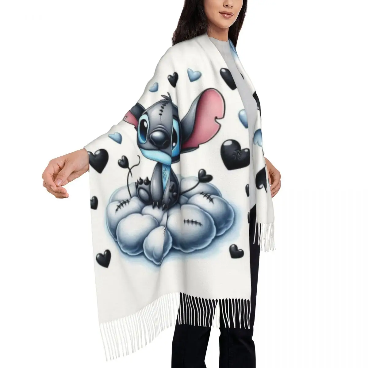 Bufanda personalizada con borlas de dibujos animados de SLilo y Stitch para mujer, chal cálido para invierno y otoño, bufandas de Anime para mujer