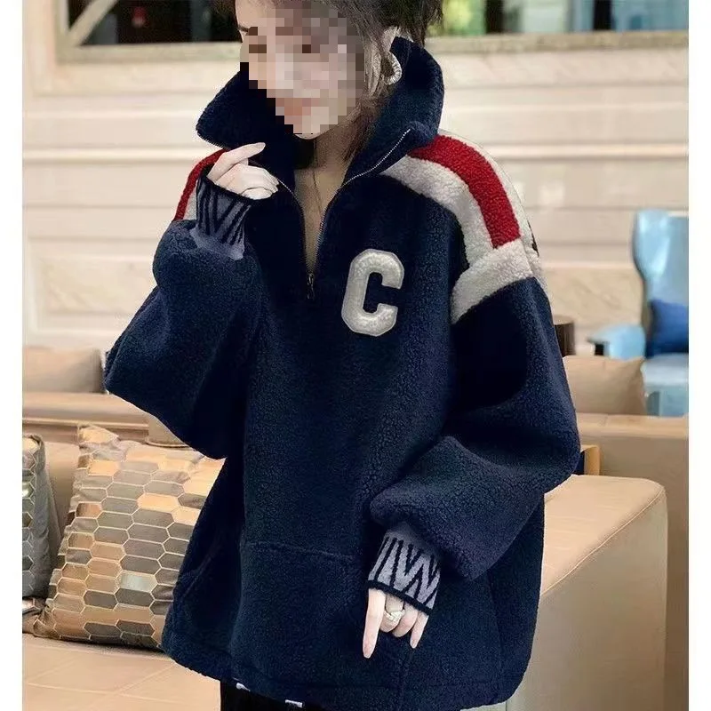 Ropa Deportiva de imitación de cordero para mujer, sudaderas de felpa, suéter superior cálido, Jersey Retro, abrigo suelto, moda de otoño e invierno