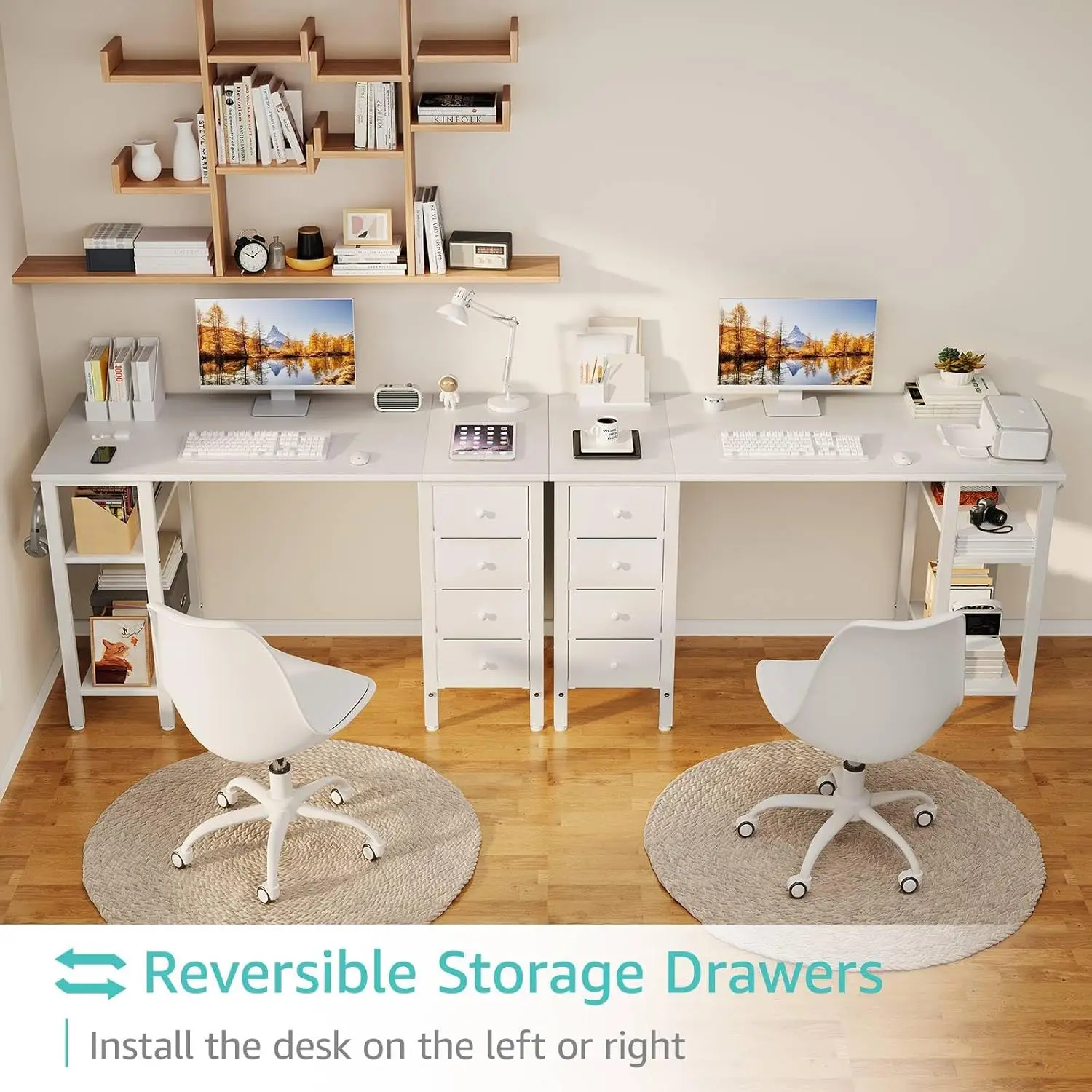 White Computer Desk with Drawers & Storage Shelves, 47 Inch Study Work Writing Desk for Home Office Bedroom, Simple Modern