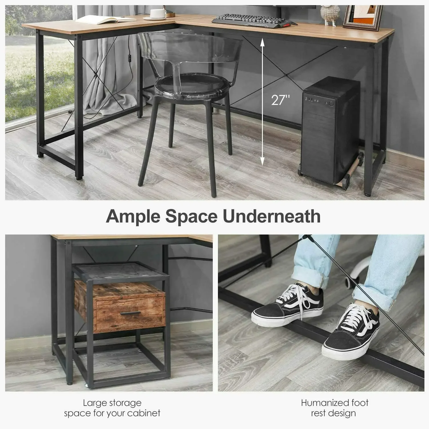 Homfa 66"(176cm) L-vorm bureau Computer Gaming Laptop Bureau Thuiskantoor Hoekwerkstation Tafel Studiebureau 190cm x 120cm x 75cm