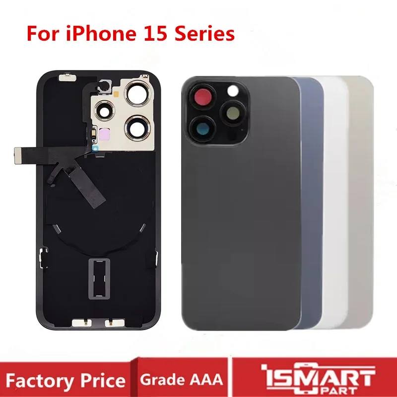 Per iPhone 15 Pro Max 15 Plus Cover posteriore in vetro Custodia posteriore per porta con cavo flessibile wireless Sostituzione piastra metallica