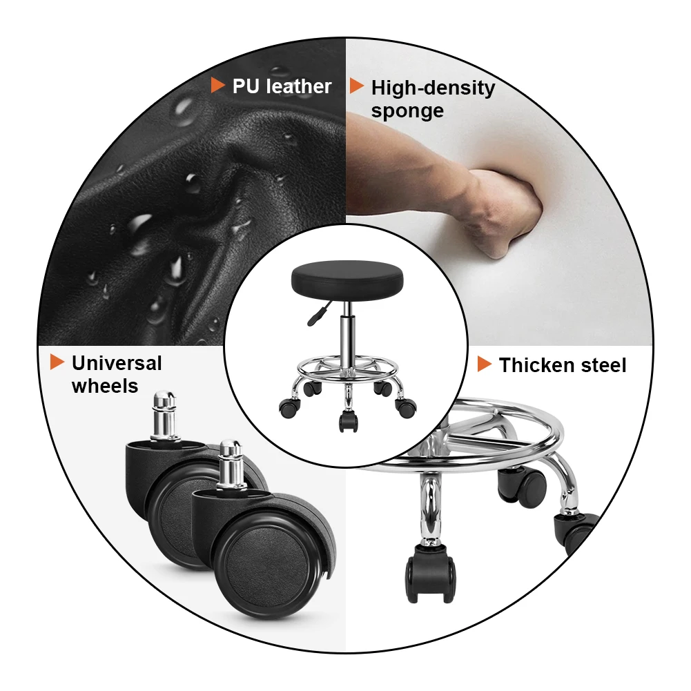 KKTONER PU Leather Round Rolling Stool with Foot Rest Swivel Height Adjustment Spa Drafting Salon Tattoo Work Office Stools