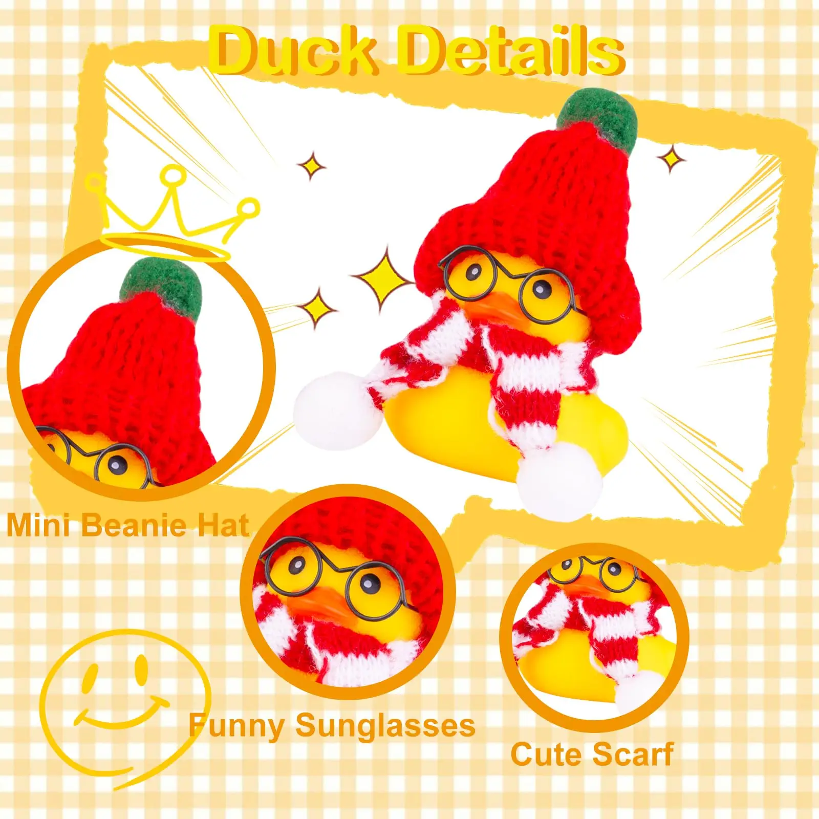 2 pacotes de patos de borracha para carro, decoração de painel, patos de inverno, acessórios de ornamentos de carro com mini gorro, chapéus, cachecóis e óculos de sol