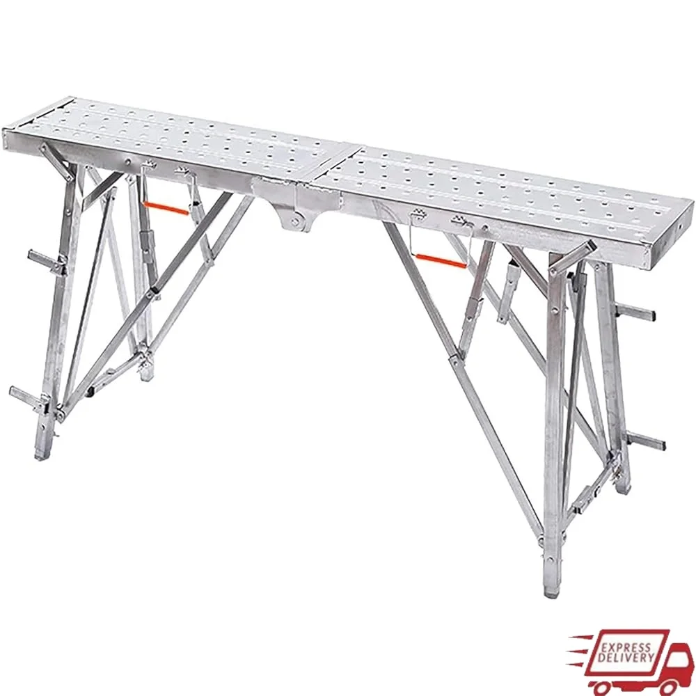 Folding Portable Scaffolding Heavy Duty Steel Adjustable Height Work Platform Anti-Slip Feet Vehicle Cleaning Maintenance Tasks