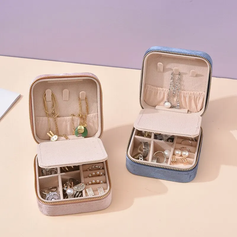 Portable Jewelry Storage Box with Mirror Zipper Square Boxes Earrings Necklace Ring Jewelry Organizer Display for Travel