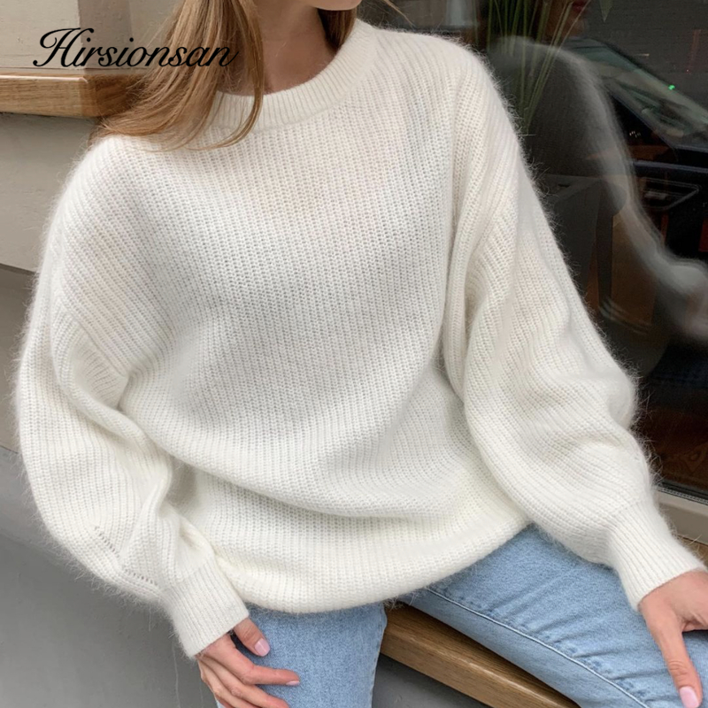 Hirsionsan Weiche Lose Gestrickte Kaschmir Pullover Frauen 2023 Neue Winter Lose Feste Weibliche Pullover Warme Grundlegende Strickwaren Jumper
