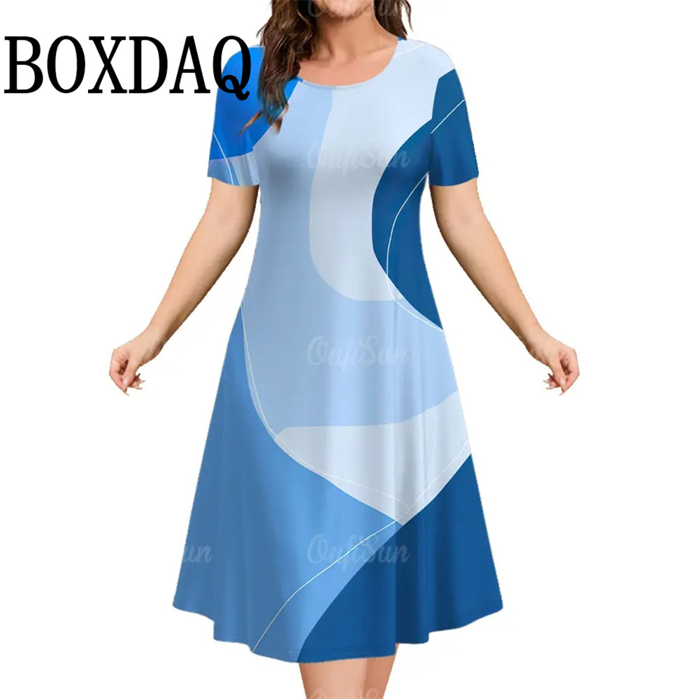 Damenbekleidung, kurzärmeliges Damenkleid, Übergröße, lockere Kleider, 3D-gestreifte Druckkleidung, Sommer, lässig, edles A-Linien-Kleid