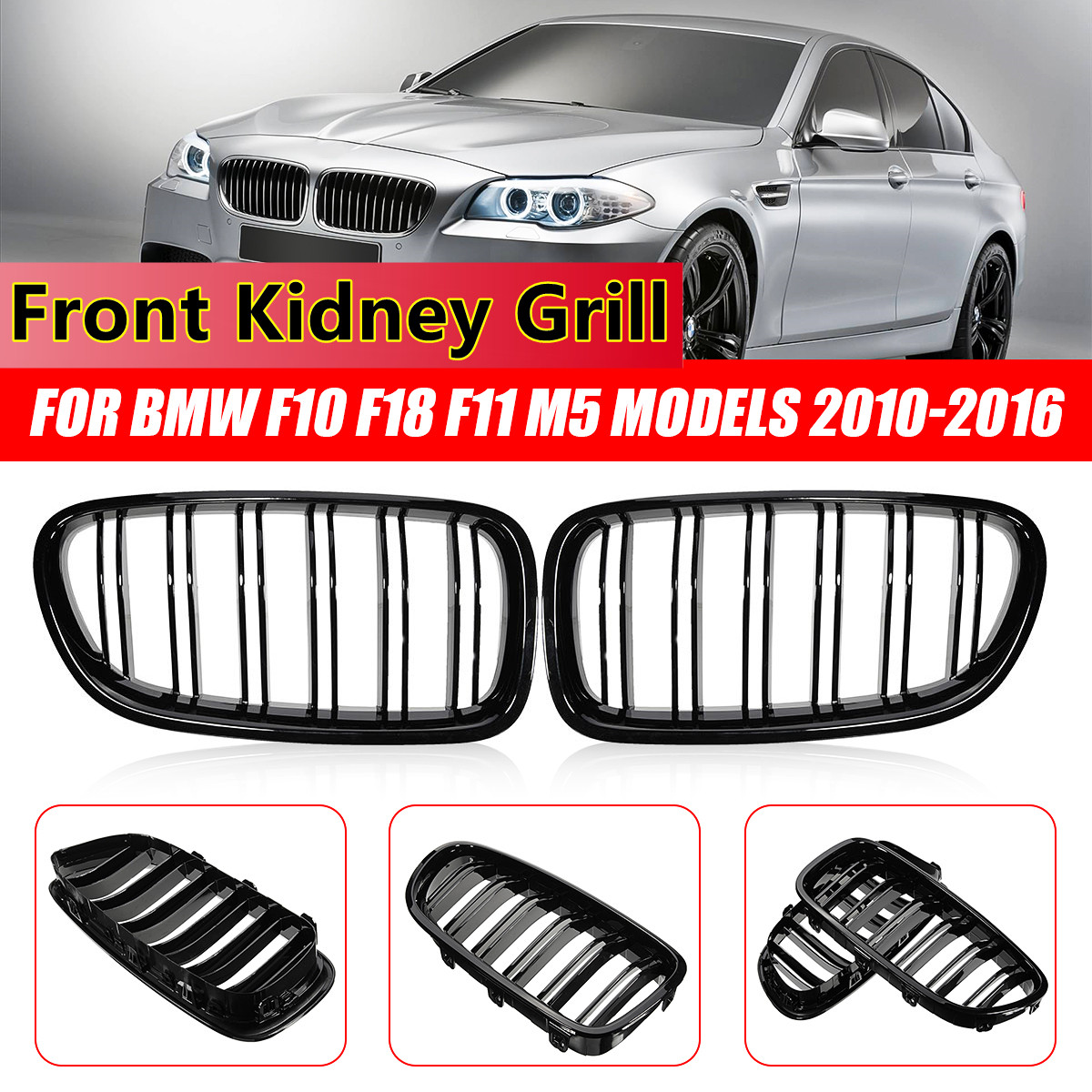 Glänzend schwarzes Paar vordere Nieren-Doppellatten-Grill für BMW 5er F10 F11 F18 2010–2017 Dual Line Racing Grille Grill