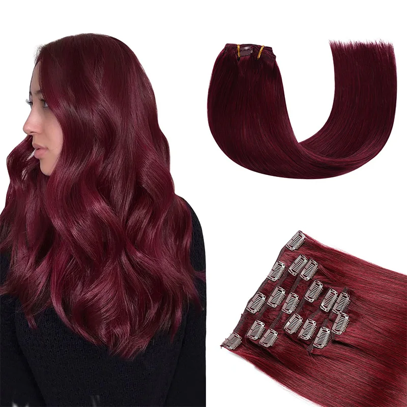 Clip in Hair Extensions Human Hair 8PCS/Set with 17Clips Double Weft Straight Clip in Human Hair Extensions Wine Red 99j#