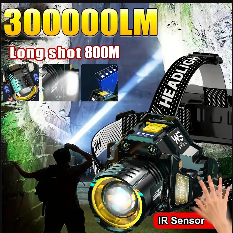 Linterna frontal recargable por USB, lámpara frontal superbrillante con Sensor de movimiento, 5 modos de iluminación, luces frontales con zoom